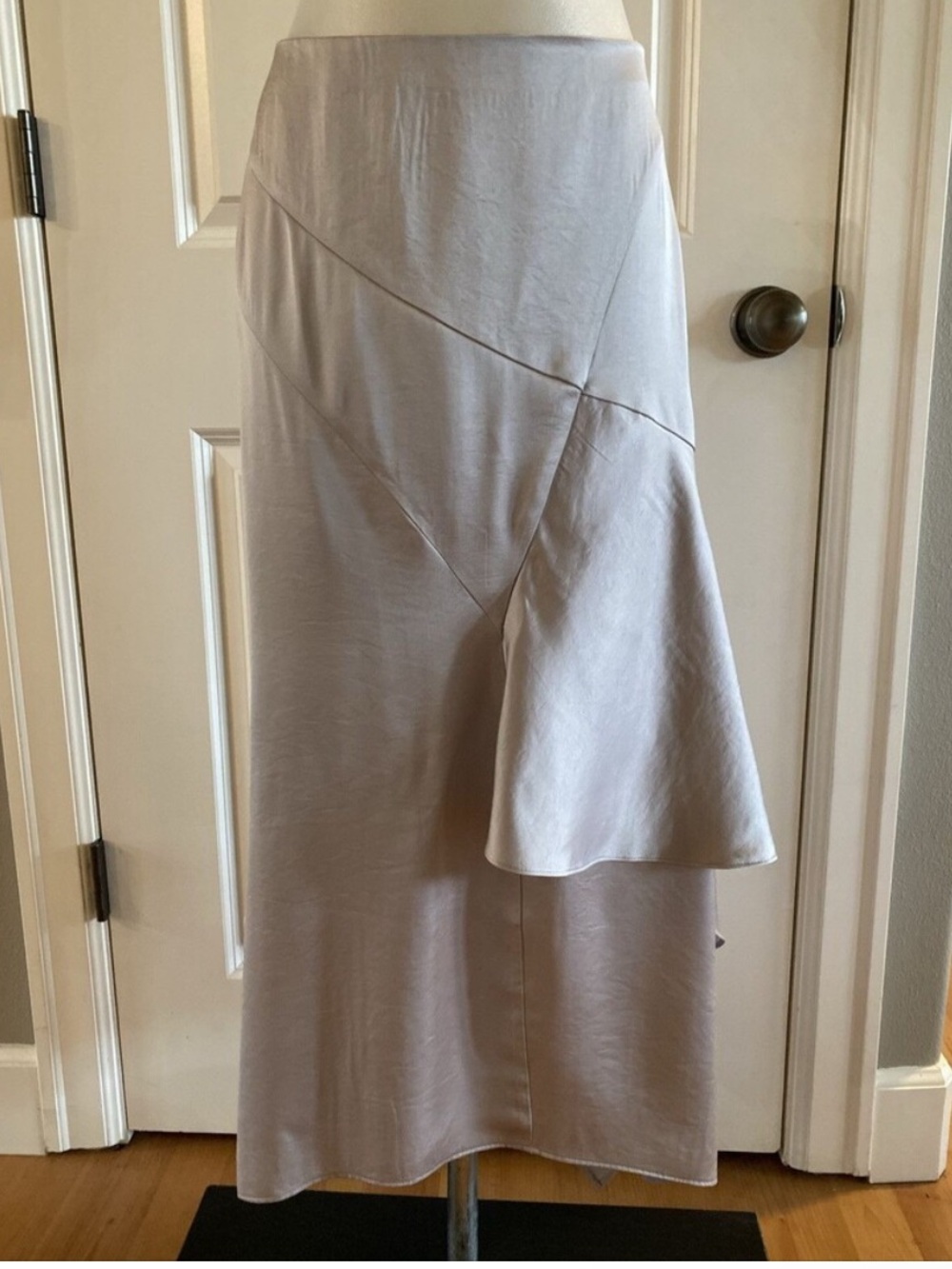 Express Soft Lavender Asymmetric Satin Midi Skirt